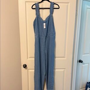 LOFT Light Blue Denim Jumpsuit with Smocked Straps